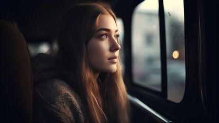 Portrait of a beautiful girl with long hair in a gray sweater in the car.の素材