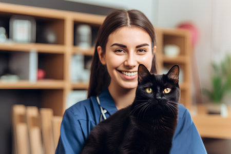 Beautiful young veterinarian holding black cat in vet clinic. Pet care conceptの素材
