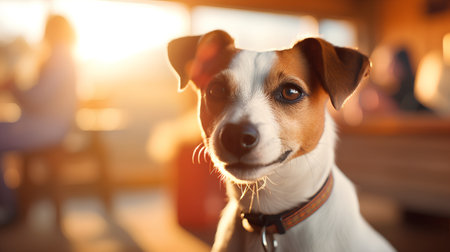 Jack russell terrier dog looking at camera in living room at sunsetの素材