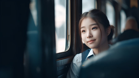 Beautiful asian woman in train, vintage tone and soft focusの素材