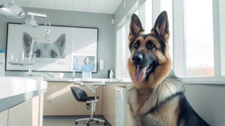 German shepherd dog in a veterinary clinic waiting for a doctor to examineの素材