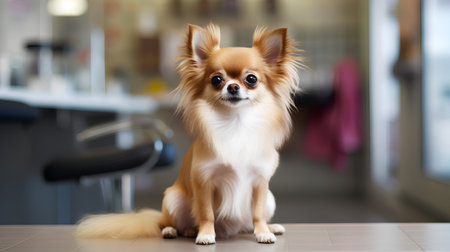 Portrait of cute chihuahua dog sitting in vet clinicの素材