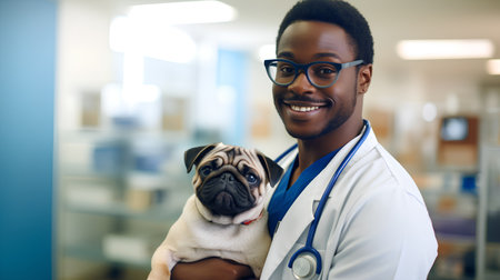 Smiling african american male veterinarian holding a pug dogの素材