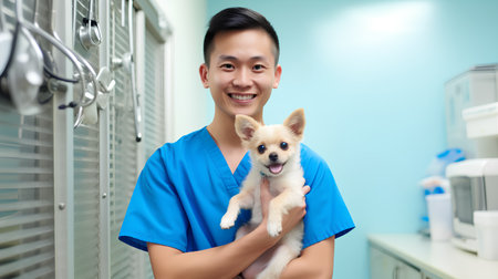 Portrait of asian veterinarian holding cute chihuahua puppyの素材