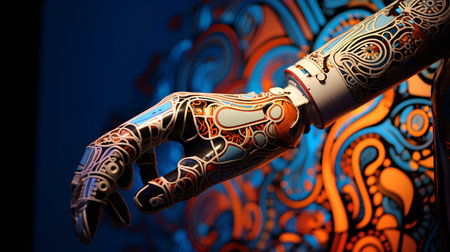 3d illustration of futuristic robot hand with ornate pattern over blue backgroundの素材