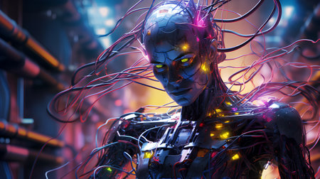 3d rendering of a female robot with glowing wires in the backgroundの素材