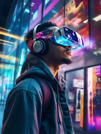 Young man wearing virtual reality goggles in the city. 3D rendering.の素材