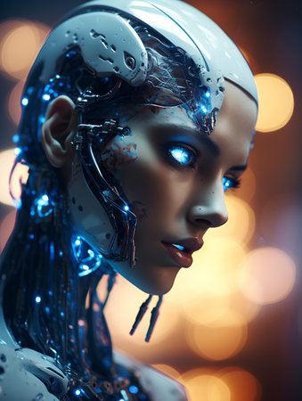 3D rendering of a female robot with futuristic hairstyle and glowing lightsの素材