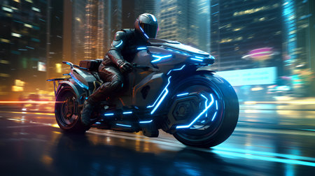 Motorcycle rider on the road with neon lights. 3d renderingの素材