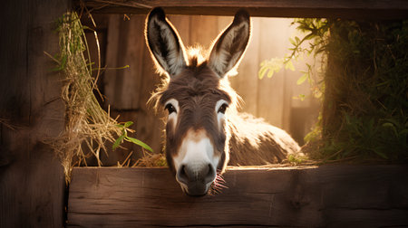 Portrait of a donkey in the farm. Animal in the cage.の素材