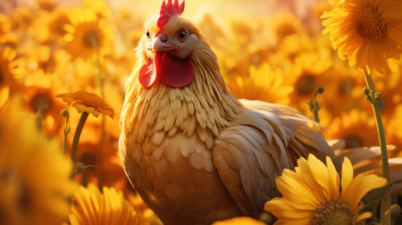 Chickens in a field of sunflowers at sunset.の素材