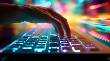 Hands of a man typing on a keyboard with a colorful backgroundの素材