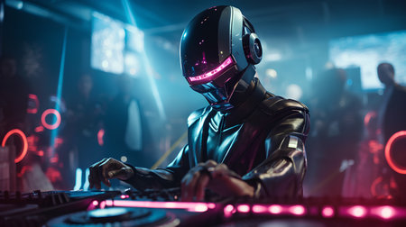 Futuristic cyborg playing music on a turntable in a nightclub.の素材