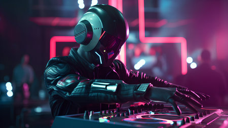DJ playing music on turntable at nightclub. 3d renderingの素材