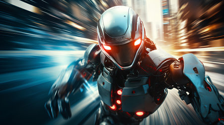 Cyborg man in a futuristic city. 3d rendering toned imageの素材