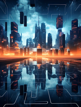 Futuristic city with high-rise buildings and high-tech digital interfaceの素材