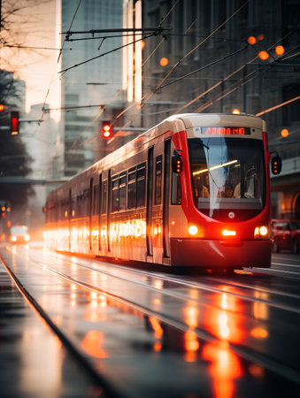 Modern tram on the street in the city at sunset. Moscow, Russiaの素材