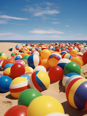 Colorful beach balls on the sand near the sea. 3d renderの素材