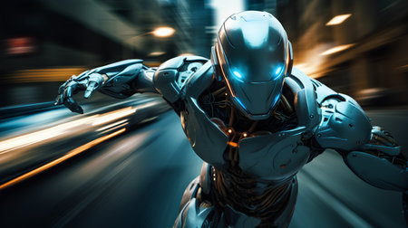 Cyborg running fast on the road with motion blur background. 3D rendering.の素材