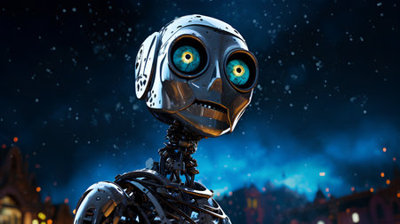 3d rendering of a robot with blue eyes in the night skyの素材