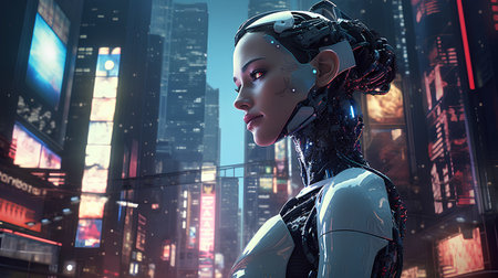 3D rendering of a female robot in the city at night.の素材