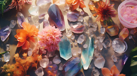 Colorful crystals and flowers on a wooden background. Selective focus. nature.の素材