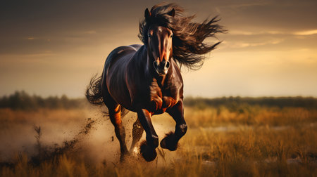 Beautiful black horse galloping on the field at sunset in summerの素材