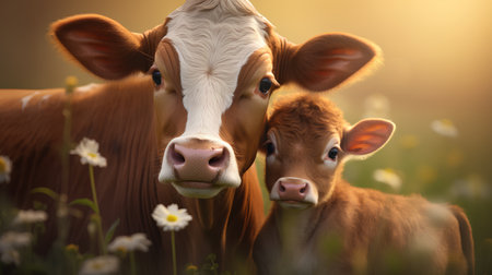 Calf and cow in the meadow with daisies.の素材