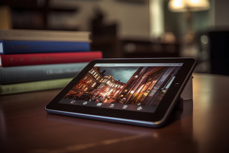 Tablet pc and books on a table in a library at nightの素材