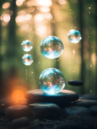 Magic crystal ball with colorful bokeh background.3d renderingの素材
