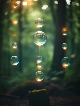 Bubbles in the forest. Nature concept. 3D Renderingの素材