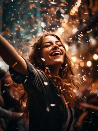 Foto de Happy young woman dancing in the city with confetti and lights. - Imagen libre de derechos