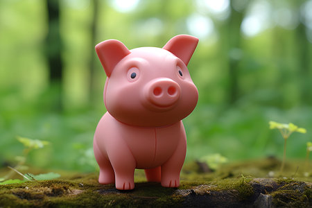 Piggy bank in the forest. 3d illustration. Green background.の素材