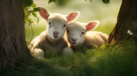 Two little lambs in the green grass under a tree. Springtime.の素材