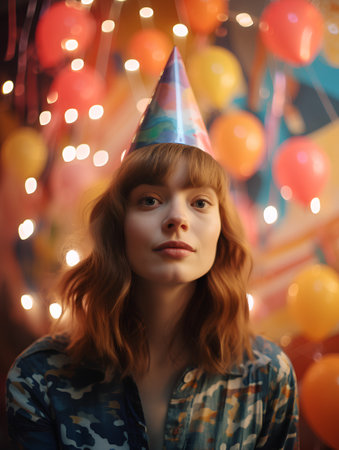 Portrait of a beautiful girl in a party hat on a background of balloons.の素材