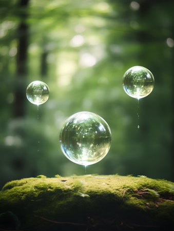 Soap bubbles in the forest. Abstract environmental backgrounds for your designの素材