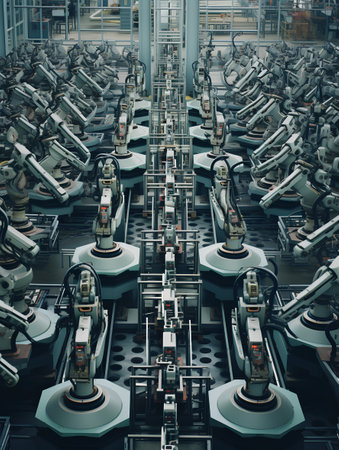 Industrial background with rows of industrial robots. 3d rendering.の素材