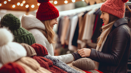 Two beautiful young women are choosing warm knitted hats in a store.の素材
