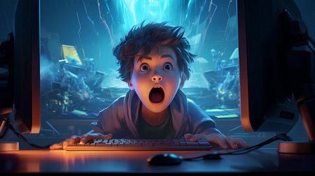 Frightened boy playing computer games on dark background. Halloween concept.の素材
