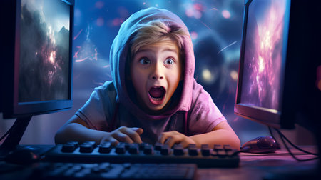Surprised boy playing computer games. Portrait of a boy in a hooded sweatshirt.の素材