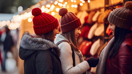 Two young women walking in the city at Christmas market. They are wearing hats and scarves.の素材