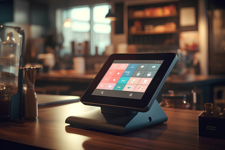 Tablet pc with apps on the screen in a cafe. 3d renderingの素材