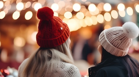 Back view of two young women in hats looking at the Christmas marketの素材