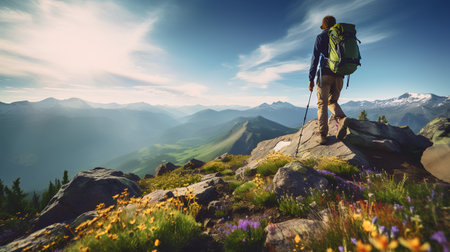 Hiker with backpack on the top of a mountain and enjoying the view.の素材