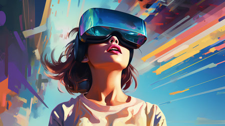 3d illustration of a young woman wearing virtual reality goggles. 3d renderingの素材