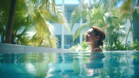 Young woman relaxing in swimming pool at luxury spa resort with palm treesの素材