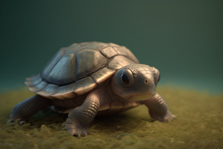 turtle on green background, close-up, 3d renderの素材