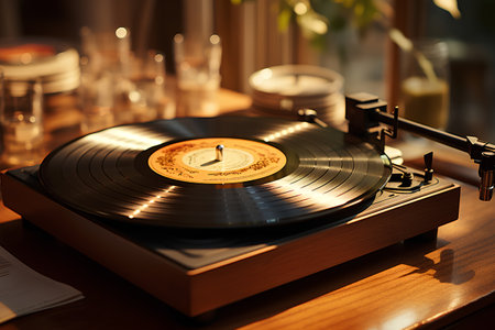 Retro turntable with vinyl record on wooden table in roomの素材