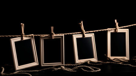 Blank photo frames hanging on rope on black background with copy spaceの素材