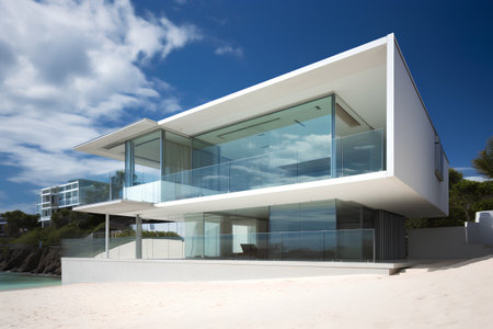 3d rendering of modern white house on the beach with blue skyの素材